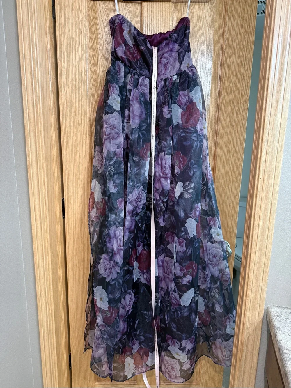 Lulu's Plum and Black Floral Strapless Gown - Picture 4 of 5